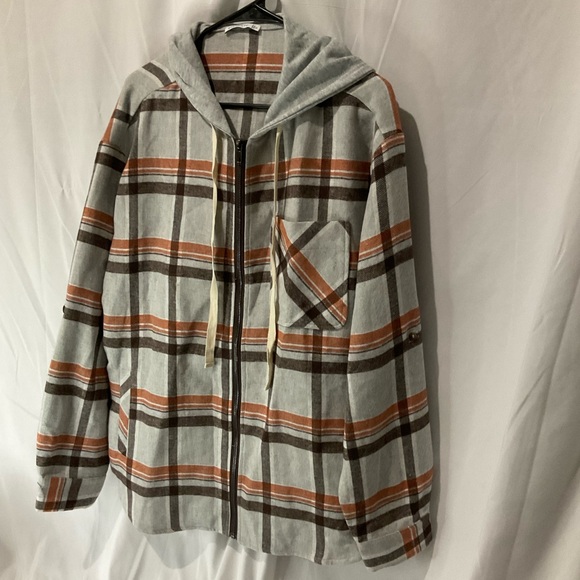 Staccato Womens Fall Plaid Hooded Shacket Size Large Gray Orange Black NWOT - Picture 12 of 13